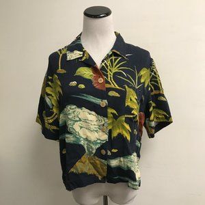 Tommy Bahama Woman navy blue floral silk short sleeve cropped hawaiian shirt S